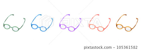 Illustration material: The glasses are arranged in different colors without being folded Brown, red, purple, green, and blue Hand-drawn watercolor painting 105361582