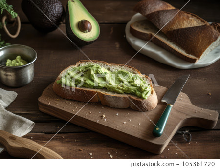 Avocado Toast, Green Healthy Vegetable Lunch, Avocado on Bread, Abstract Generative AI Illustration 105361720