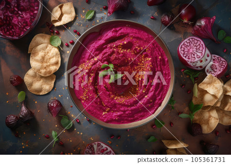 Beetroot Hummus, Chickpea Beet Root Puree, Sesame Cream Spread, Abstract Generative AI Illustration 105361731