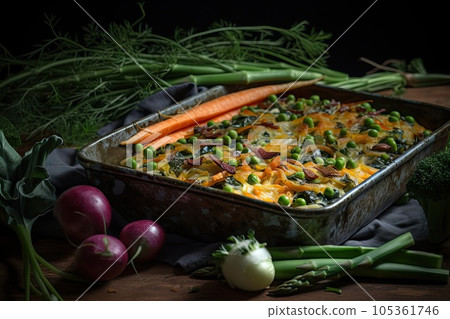 Baked Julienne with Mushrooms and Chicken, Casserole Mushrooms Gratin, Abstract Generative AI Illustration Baked Julienne with Mushrooms and Chicken, Casserole Mushrooms Gratin, Abstract Generative AI Illustration 105361746