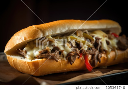 Cheese Steak Sandwich, Philly Cheesesteak with Onions, Mushroom, Provolone, Abstract Generative AI Illustration 105361748