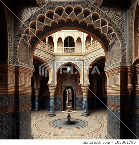 Arab Palace, Harem, Grand Hamam, Hotel, Luxurious Oriental Interiors, Abstract Generative AI Illustration Arab Palace, Harem, Grand Hamam, Hotel, Luxurious Oriental Interiors, Abstract Generative AI Illustration 105361790