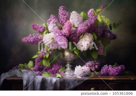 Flower Still Life Bouquet in Vintage Vase, Ancient Dutch Masters Imitation, Abstract Generative AI Illustration Flower Still Life Bouquet in Vintage Vase, Ancient Dutch Masters Imitation, Abstract Generative AI Illustration 105361806