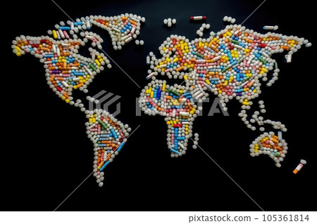 World Map Made of Medicine Pills, Pill Earth, Abstract Generative AI Illustration 105361814
