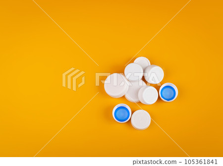 Plastic Bottle Caps Pile. Recycling HDPE Material Group, Circle Polyethylene Lid Set, Colorful Caps Group Plastic Bottle Caps Pile. Recycling HDPE Material Group, Circle Polyethylene Lid Set, Colorful Caps Group 105361841