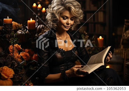 Luxurious sexy middle-aged witch in a black dress is casting a spell. 105362053