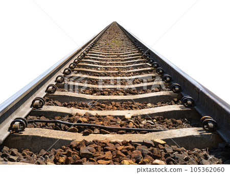 Railway Lines Isolated, Train Tracks with Track Ballast Stones, Metal Rails, Old Railway Track on White Railway Lines Isolated, Train Tracks with Track Ballast Stones, Metal Rails, Old Railway Track on White 105362060