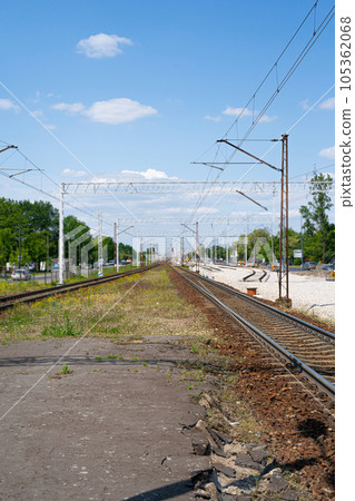 Railway Lines Closeup, Train Tracks with Track Ballast Stones, Metal Rails, Old Railway Track 105362068