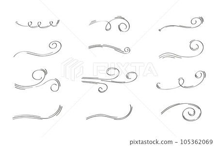 Doodle wind icon set. Swirl elements hand drawn doodle. Wind blows, windy motion, air condition blow, air masses flow Doodle wind icon set. Swirl elements hand drawn doodle. Wind blows, windy motion, air condition blow, air masses flow 105362069