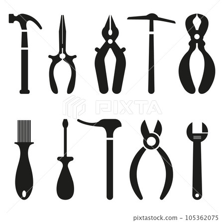 onstruction tools. Adjustable wrench, pliers, hammer vector silhouette. Paint brush for painting walls. onstruction tools. Adjustable wrench, pliers, hammer vector silhouette. Paint brush for painting walls. 105362075