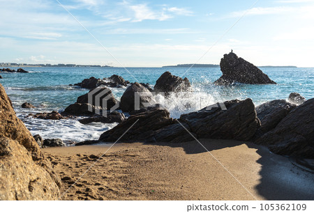 Foamy Sea Waves, Storm on Rocky Beach Texture Background, Blue Ocean Water, Rocky Shore Pattern Foamy Sea Waves, Storm on Rocky Beach Texture Background, Blue Ocean Water, Rocky Shore Pattern 105362109