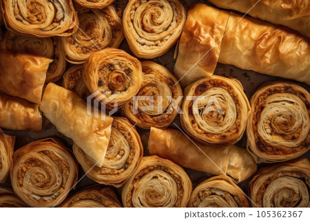 Turkish Burek, Traditional Borek, Homemade Boureki Feta Bun, Abstract Generative AI Illustration 105362367