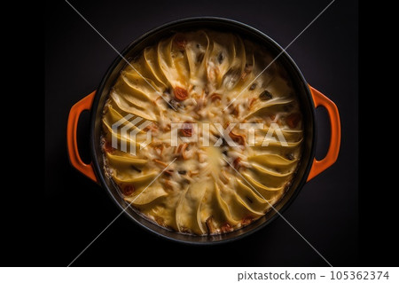 Baked Julienne with Mushrooms and Chicken, Casserole Mushrooms Gratin, Abstract Generative AI Illustration Baked Julienne with Mushrooms and Chicken, Casserole Mushrooms Gratin, Abstract Generative AI Illustration 105362374