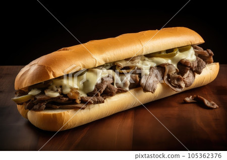 Cheese Steak Sandwich, Philly Cheesesteak with Onions, Mushroom, Provolone, Abstract Generative AI Illustration 105362376