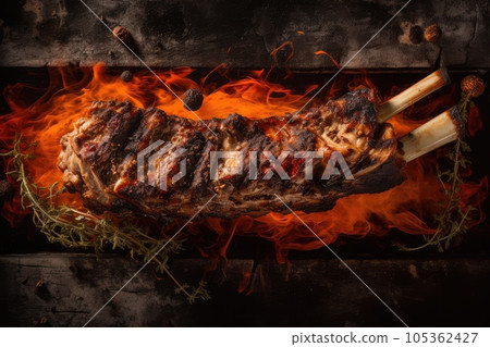 Grilled Ribs, Lamb Barbecue, Roasted Meat on Dark Background, Abstract Generative AI Illustration 105362427