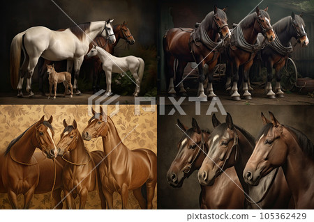 Chestnut Horses Family Painting, Beautiful Brown Horse, Abstract Generative AI Illustration 105362429