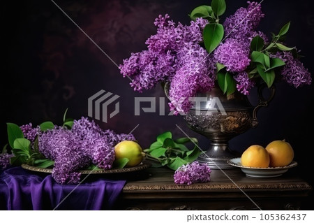 Flower Still Life Bouquet in Vintage Vase, Ancient Dutch Masters Imitation, Abstract Generative AI Illustration Flower Still Life Bouquet in Vintage Vase, Ancient Dutch Masters Imitation, Abstract Generative AI Illustration 105362437