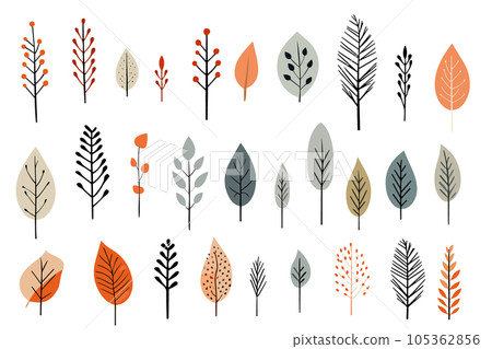 帶有粗糙觸感的植物插圖。斯堪的納維亞葉子插圖。 105362856