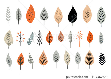 Botanical illustrations with a rough touch. Scandinavian leaf illustration. 105362862