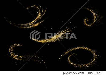 Gold glitters on a black background. Wavy elements set. Shine of gold dust. Gold glitters on a black background. Wavy elements set. Shine of gold dust. 105363213