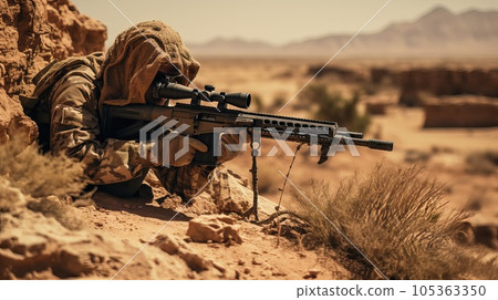 Sniper mercenary with a rifle aims at the enemy. 105363350