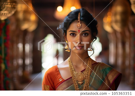 A beautiful young woman in a traditional Hindu dress and jewelry looking at camera. 105363351