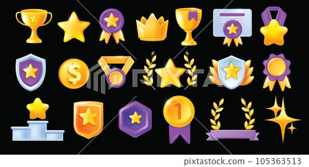 3D high quality icon set, vector professional recognition award medal kit, UI game level up reward. 3D high quality icon set, vector professional recognition award medal kit, UI game level up reward. 105363513