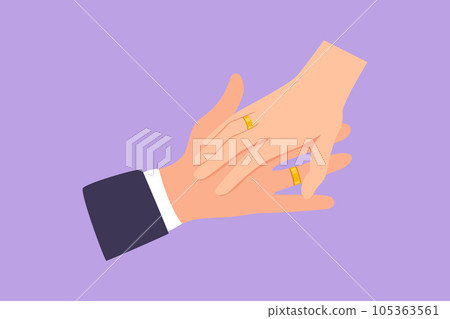 Graphic flat design drawing hand of groom and bride with wedding rings. Bride and groom make vow of loyalty on their wedding day. Happy couple on marriage ceremony. Cartoon style vector illustration Graphic flat design drawing hand of groom and bride with wedding rings. Bride and groom make vow of loyalty on their wedding day. Happy couple on marriage ceremony. Cartoon style vector illustration 105363561
