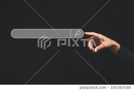 Finger touches the button of a blank search bar on a business web banner promoting the concept of search engine optimization black background. digital screen importance of SEO in the world technology 105363580