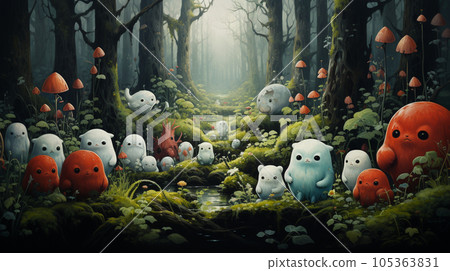 Ghosts and demons lurking in the grass and forests of Halloween night 105363831