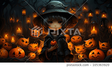 A child wearing a full-fledged Halloween costume 105363920