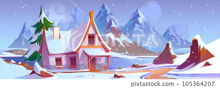 Cozy house near lake in winter mountain valley Cozy house near lake in winter mountain valley 105364207