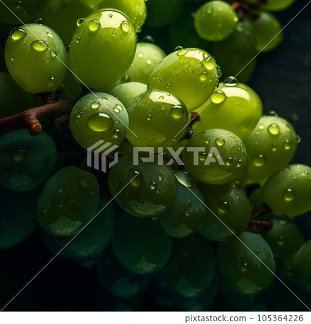 Appetizing sweet bunch of green grapes with large drops of water on black close-up, spectacular food background, fruit wallpaper Appetizing sweet bunch of green grapes with large drops of water on black close-up, spectacular food background, fruit wallpaper 105364226