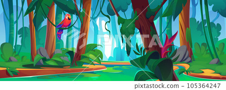 Tropical forest landscape with river and parrot 105364247