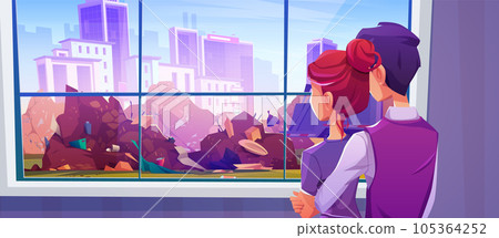 Couple looking at urban landfill through window 105364252