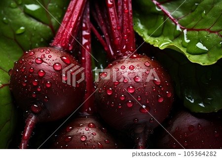 Red beetroot with drops of water and green leaves 105364282
