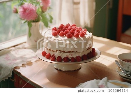Sponge cake with cream and raspberries Sponge cake with cream and raspberries 105364314