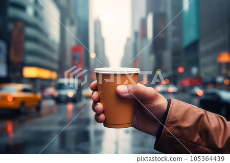 Man's hand holding takeaway paper coffee cup against the backdrop of skyscrapers. Coffee paper cup mock up 105364439