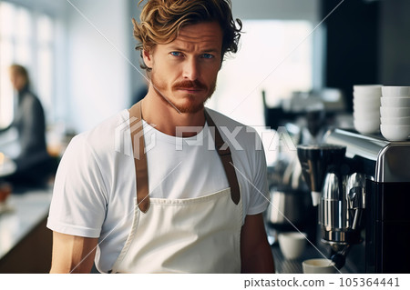 Portrait of a male barista barista wearing apron working at the counter in cafe indoors 105364441