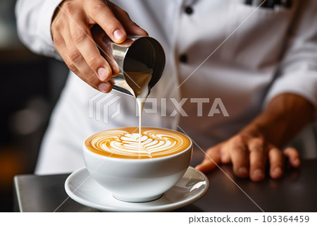 Professional barista pouring milk in coffee. Cooking latte art close-up Professional barista pouring milk in coffee. Cooking latte art close-up 105364459