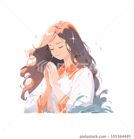 Christian female pray to God, feels grace. Woman in closed eyes praying hands together. Christian female pray to God, feels grace. Woman in closed eyes praying hands together. 105364495