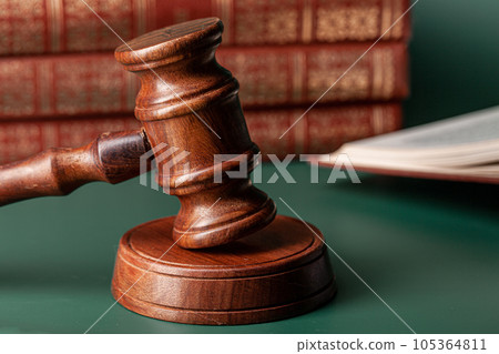 Close up of a brown wooden gavel and book 105364811