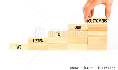 We listen to our customers symbol. Concept words We listen to our customers on wooden block. Beautiful white background. Businessman hand. Business we listen to our customers concept. Copy space. 105365177