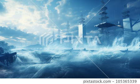 A clean energy power plant harnessing the power of tidal waves, symbolizing the innovation in renewable energy technology. Background A clean energy power plant harnessing the power of tidal waves, symbolizing the innovation in renewable energy technology. Background 105365339