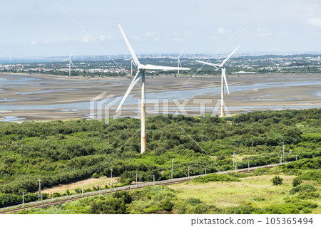 Wind power systems at Houlong Cape of Good Hope Scenic Area in Miaoli, Taiwan. 105365494