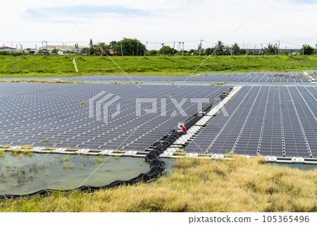 View of the floating Solar power system on the flood detention basin in Kaohsiung, Taiwan. 105365496
