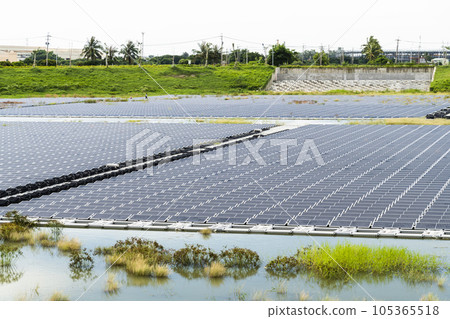 View of the floating Solar power system on the flood detention basin in Kaohsiung, Taiwan. 105365518