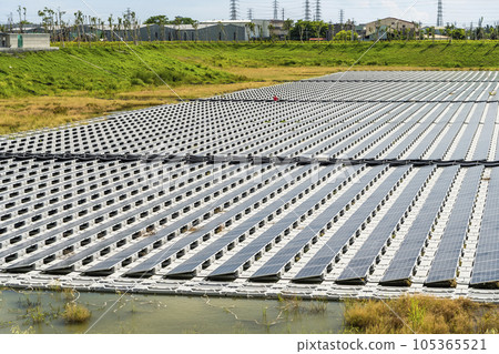 View of the floating Solar power system on the flood detention basin in Kaohsiung, Taiwan. 105365521
