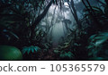 Mysterious jungle forest covered in fog. Photorealistic background Mysterious jungle forest covered in fog. Photorealistic background 105365579
