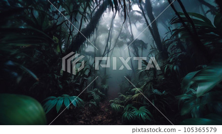 Mysterious jungle forest covered in fog. Photorealistic background 105365579
